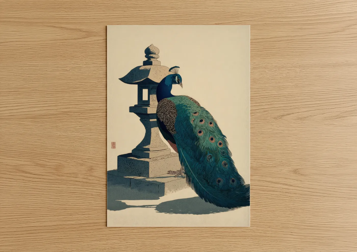 Art print on warm oak wood — teal and cream palette — Zen Peacock poster