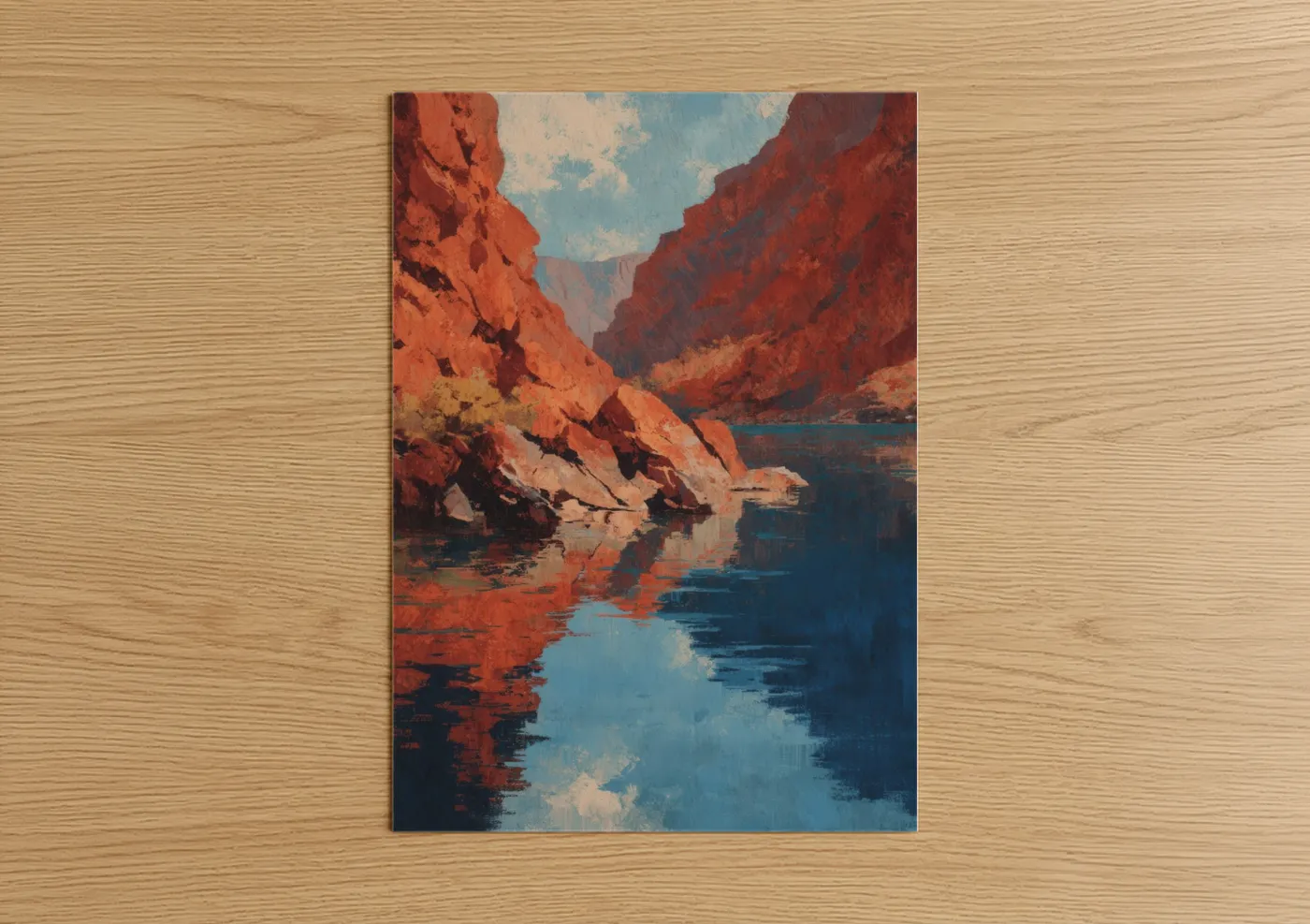 Lakes art print on warm oak wood — russet and blue palette — Crimson Canyon Lake poster