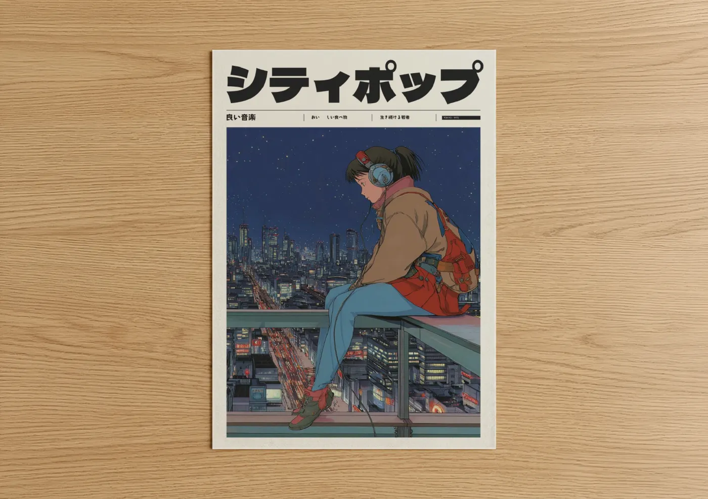 Anime Girl Rooftop City Night Wall Art
