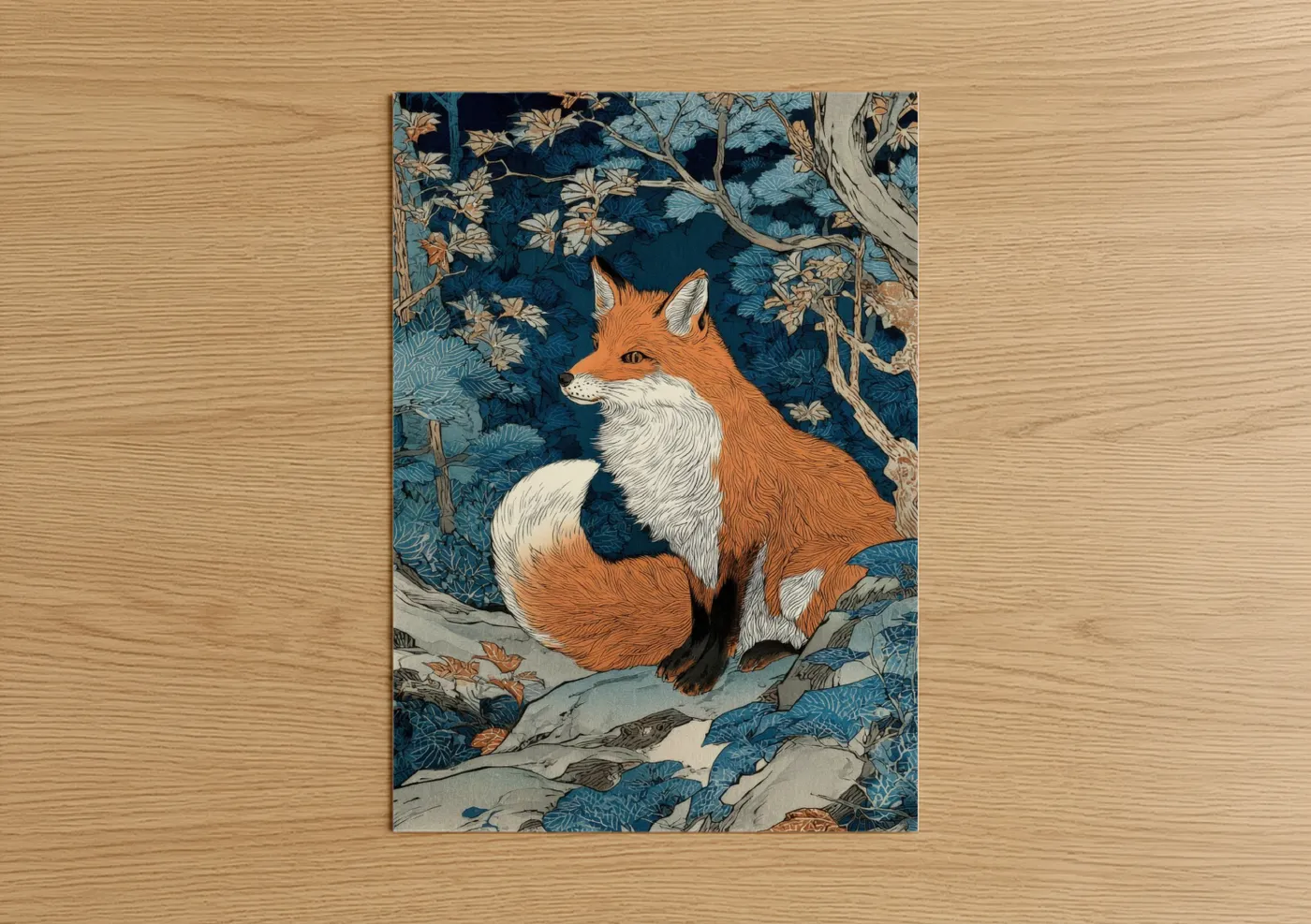 Art print on warm oak wood — blue and orange palette — Woodland Fox Portrait poster