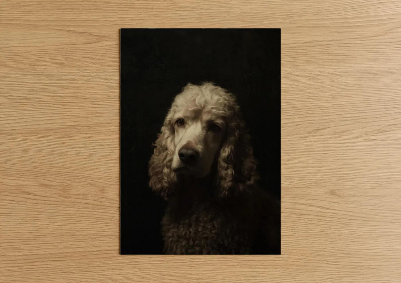 Art print on warm oak wood — cream and black palette — Contemplative Spaniel poster
