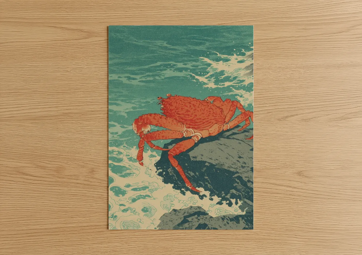 Seafood art print on warm oak wood — teal and red palette — Scarlet Crab Shore poster
