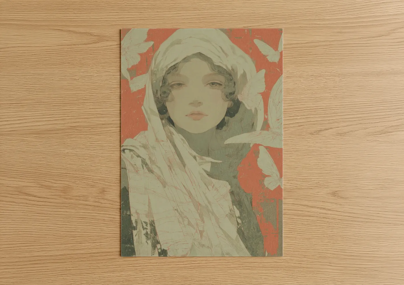 Serene Butterfly Girl with Headscarf Wall Art