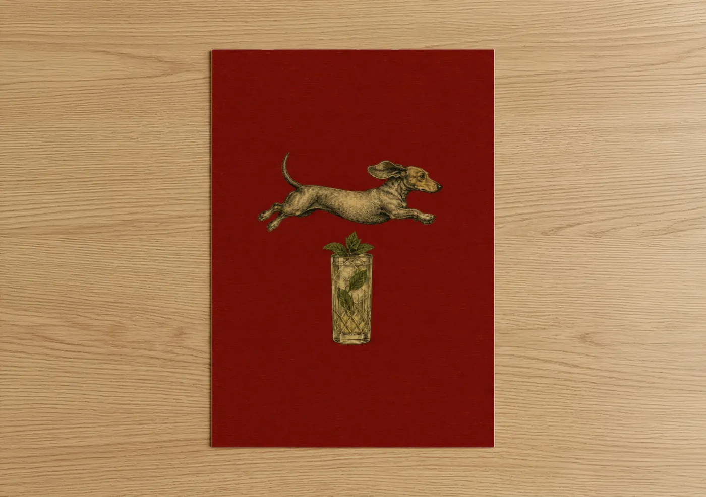 Dogs art print on warm oak wood — red and gold palette — Dachshund and Cocktail Wall Art poster