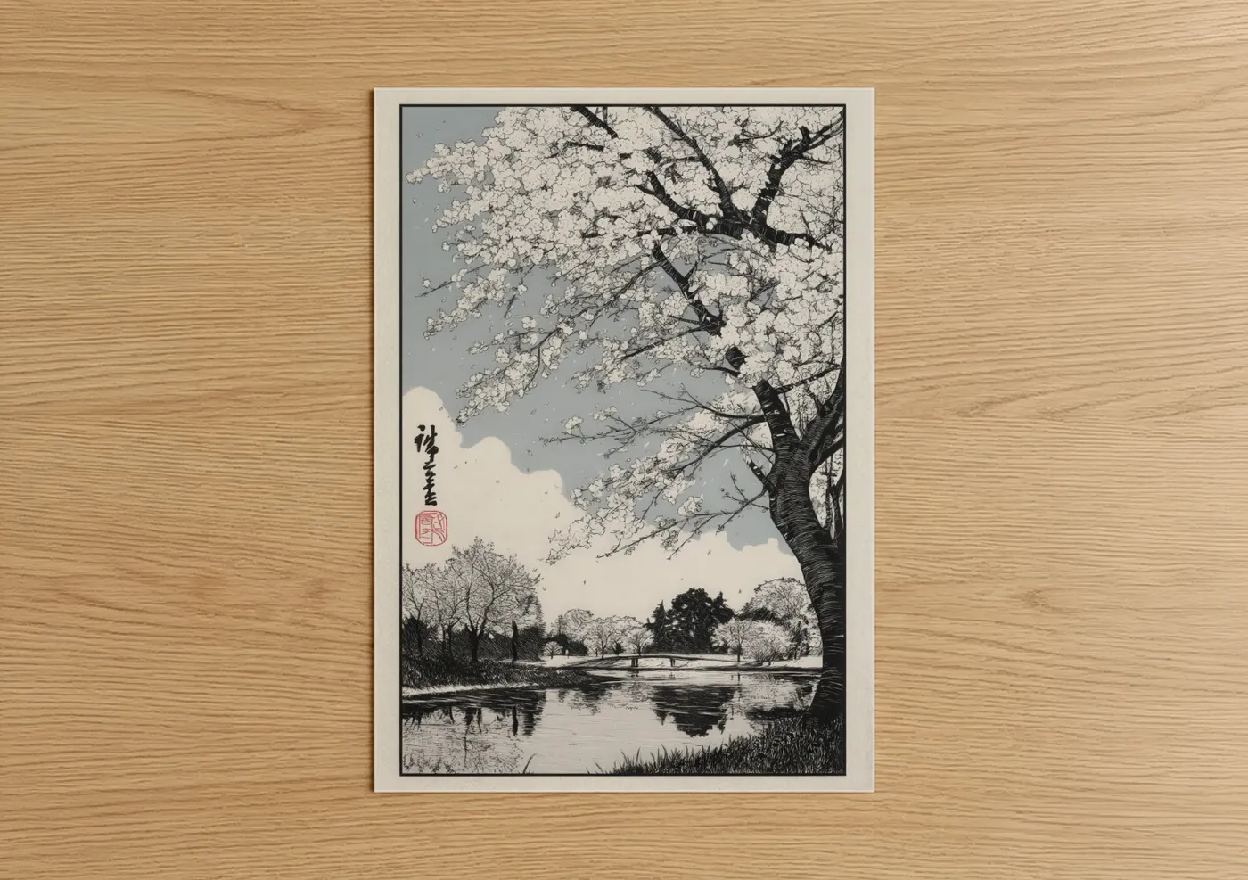 Cherry Blossoms Riverside Landscape Wall Art