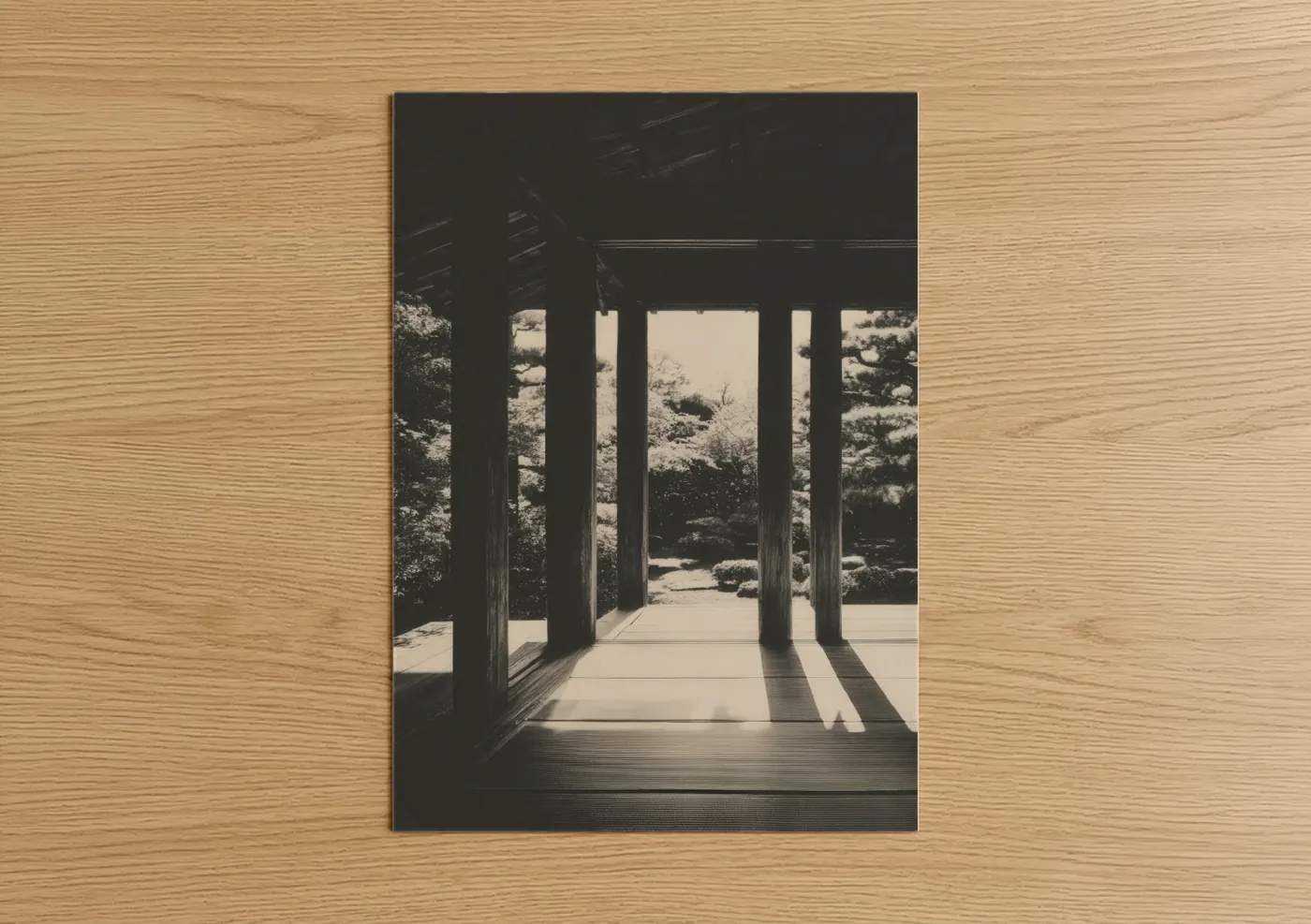 Art print on warm oak wood — black and white and cream palette — Minimalist Columns poster