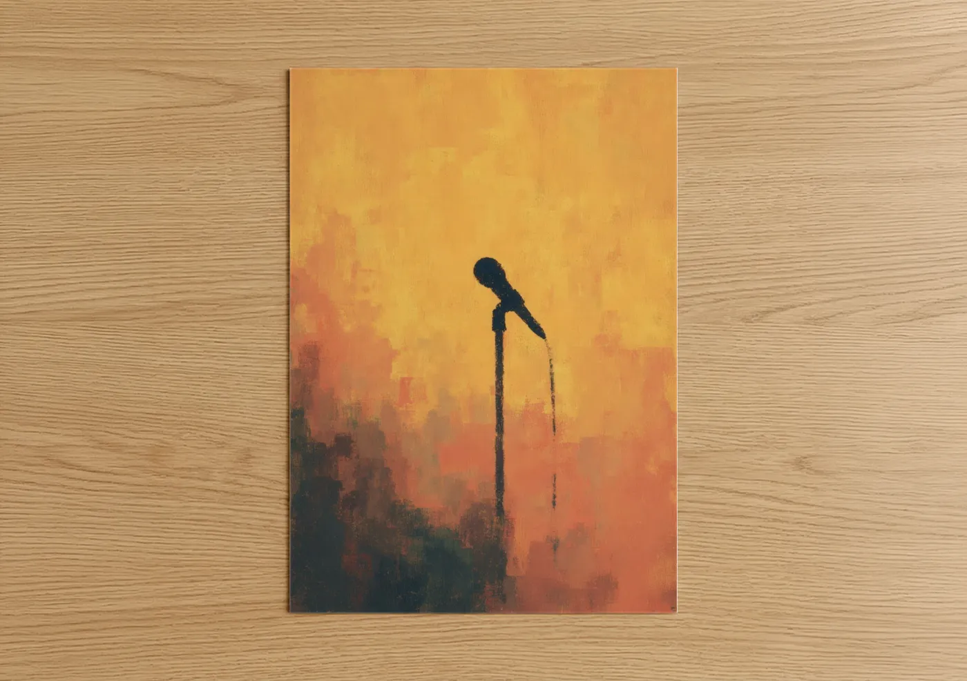 Art print on warm oak wood — gold and orange palette — Sunset Microphone poster