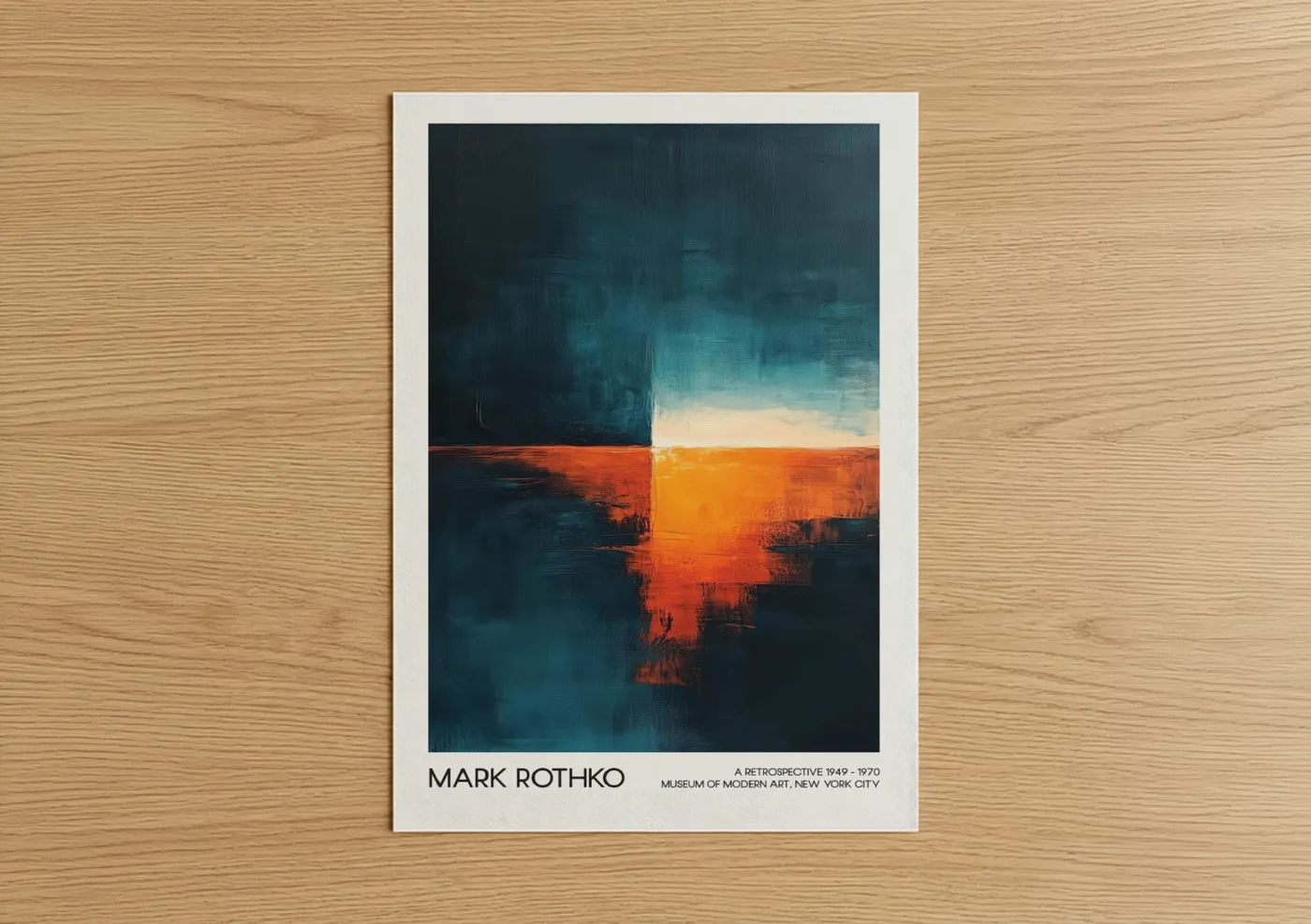 Abstract classic art print on warm oak wood — dark blue and orange palette — Horizon Divide poster