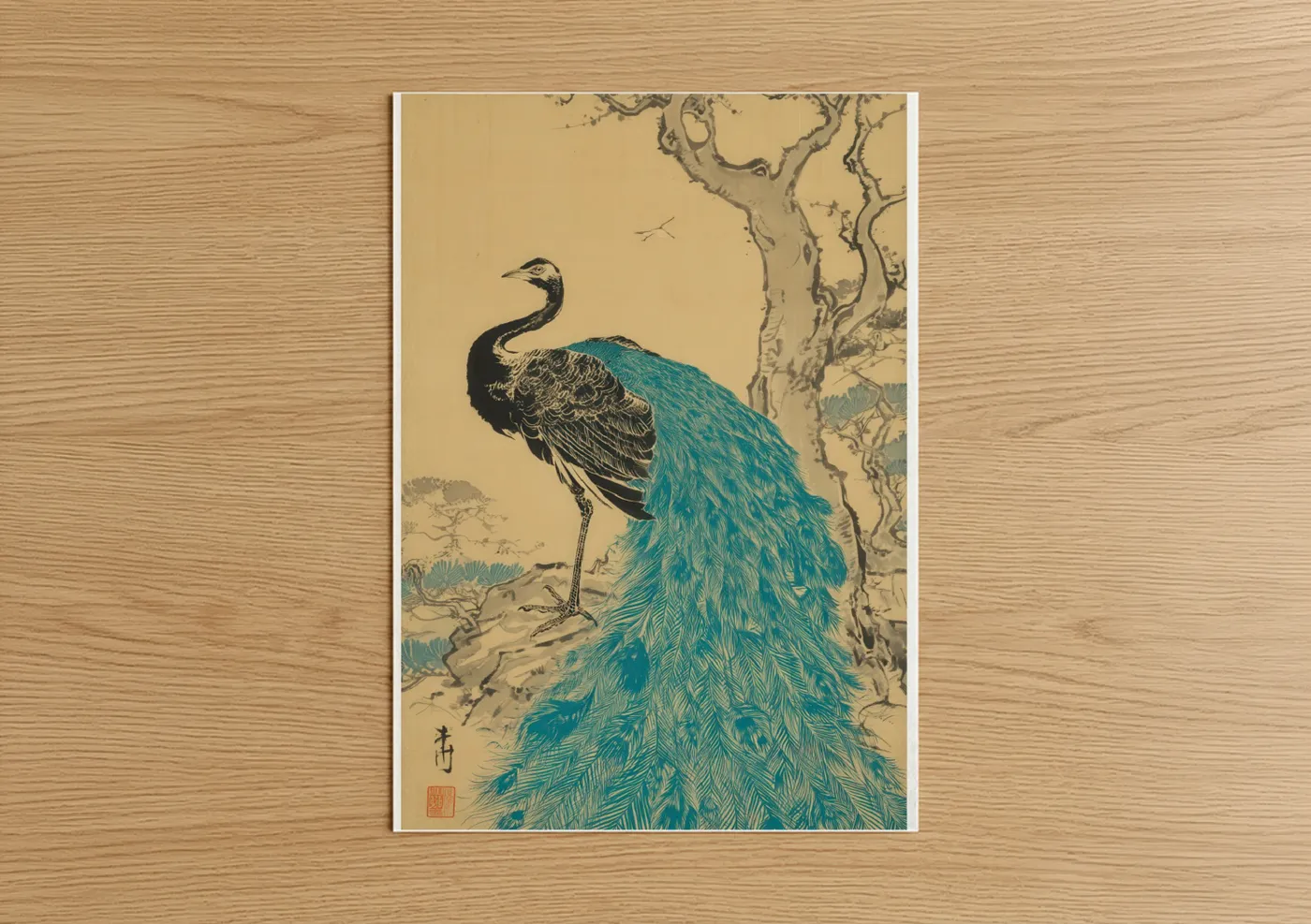 Turquoise Peacock Japanese Woodblock Wall Art
