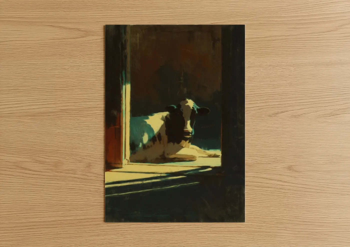 Art print on warm oak wood — gold and espresso palette — Sunlit Jersey Cow poster