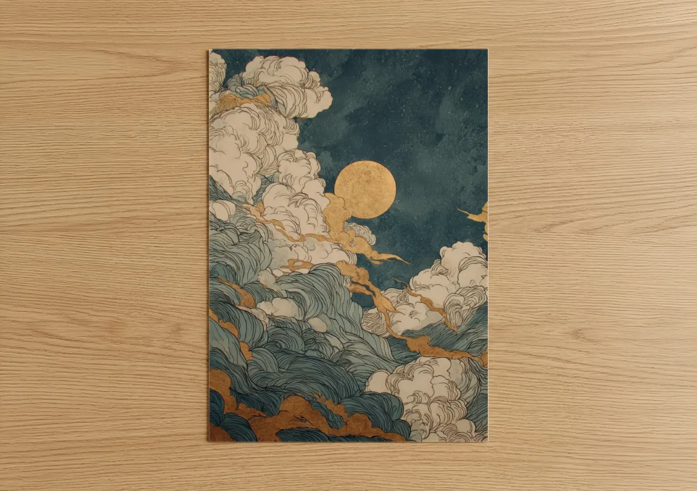 Art print on warm oak wood — gold and dark blue palette — Golden Sunrise Sky poster