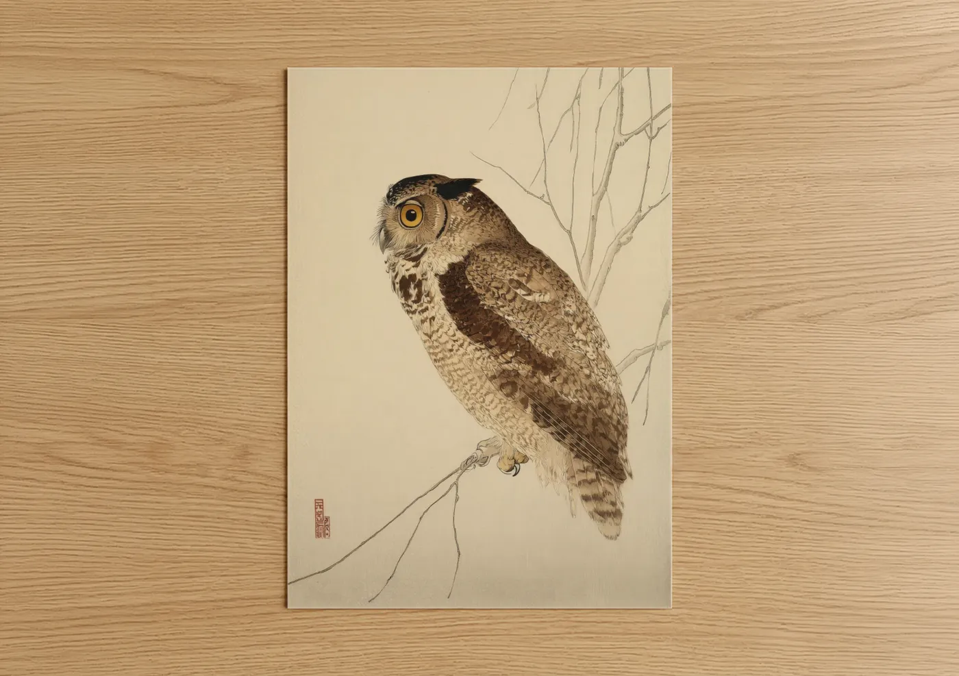 Golden-Eyed Owl Branch Illustration Wall Art