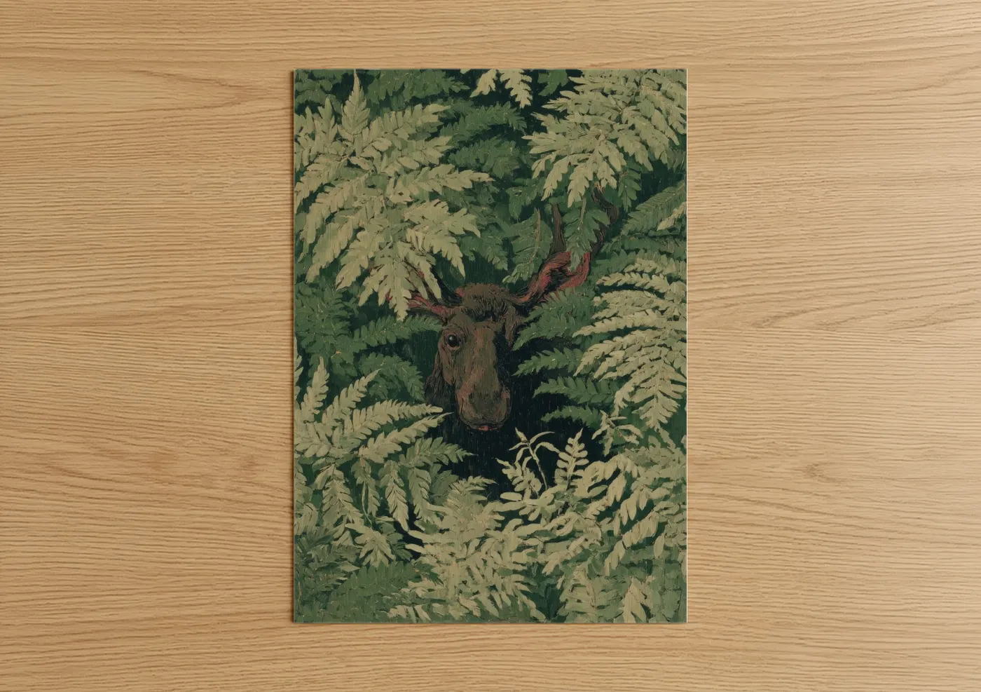Art print on warm oak wood — green and cream palette — Fern Moose poster