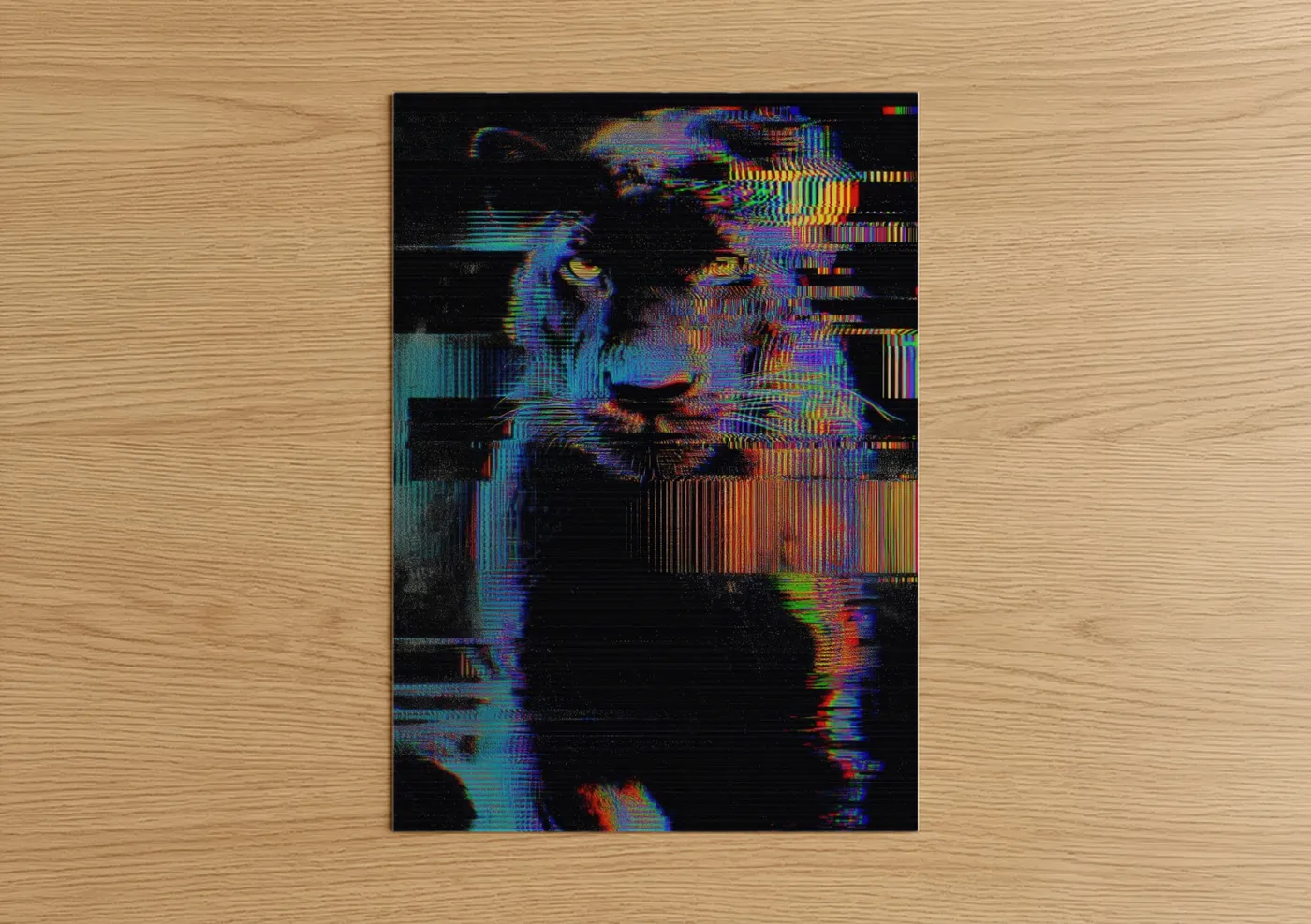 Art print on warm oak wood — blue and magenta palette — Glitch Panther poster