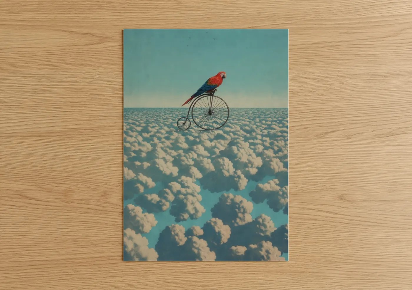 Art print on warm oak wood — teal and cream palette — Dreaming Macaw poster