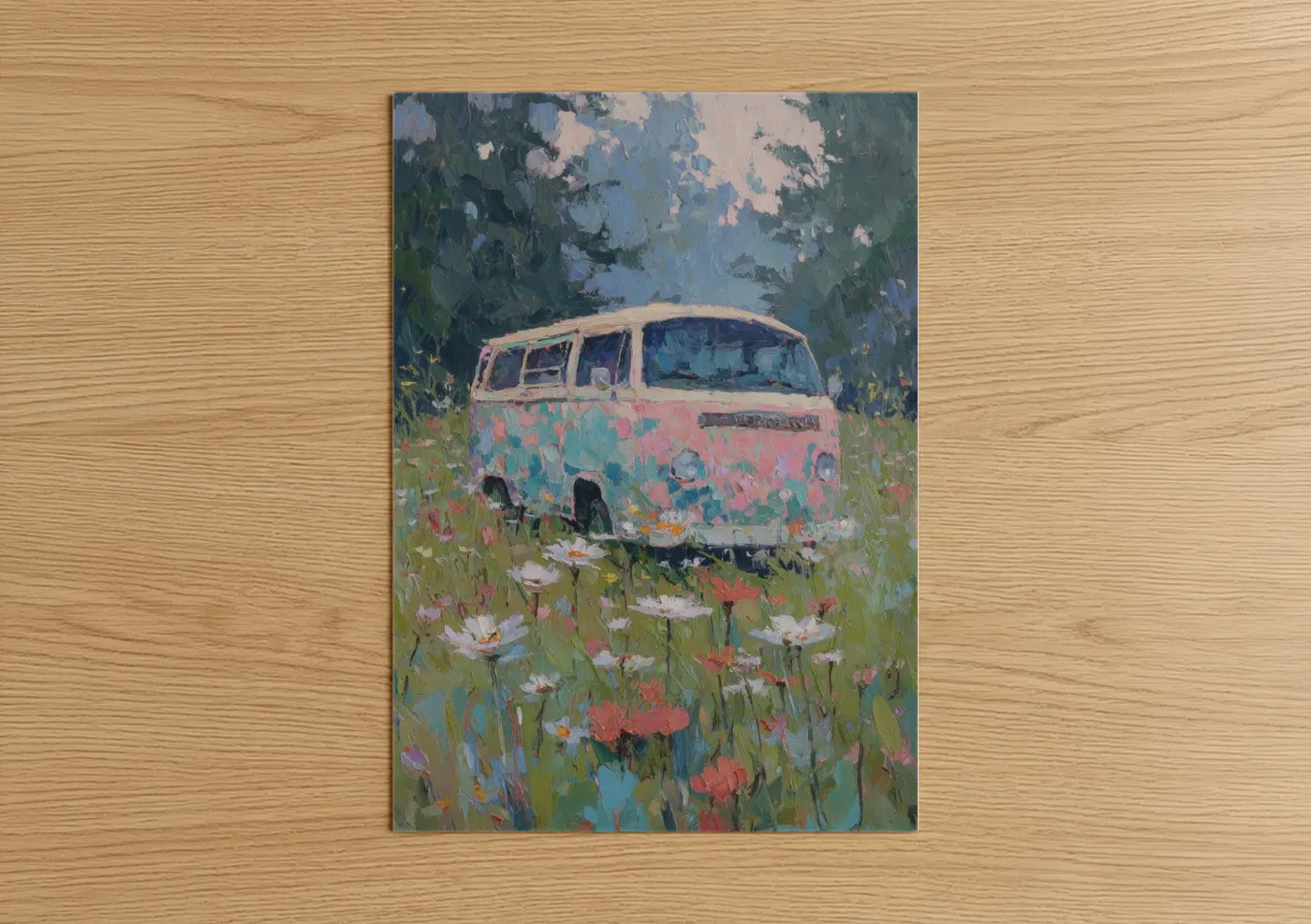 Art print on warm oak wood — pink and blue and green palette — Flower Field Van poster