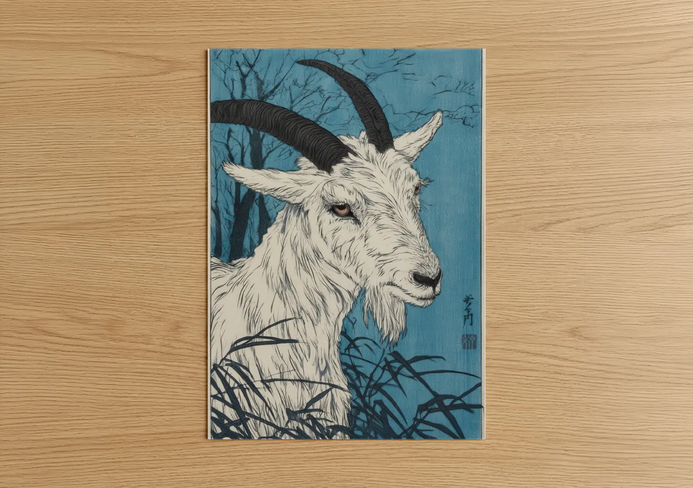 Alpine Goat Winter Woodblock Wall Art