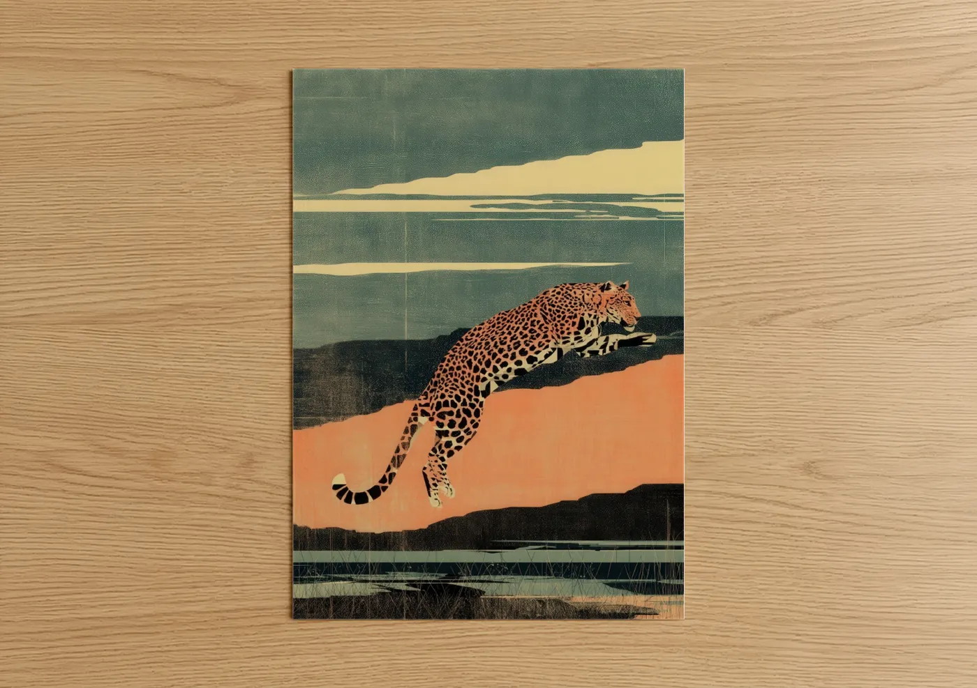 Art print on warm oak wood — sage green and peach palette — Leaping Leopard poster