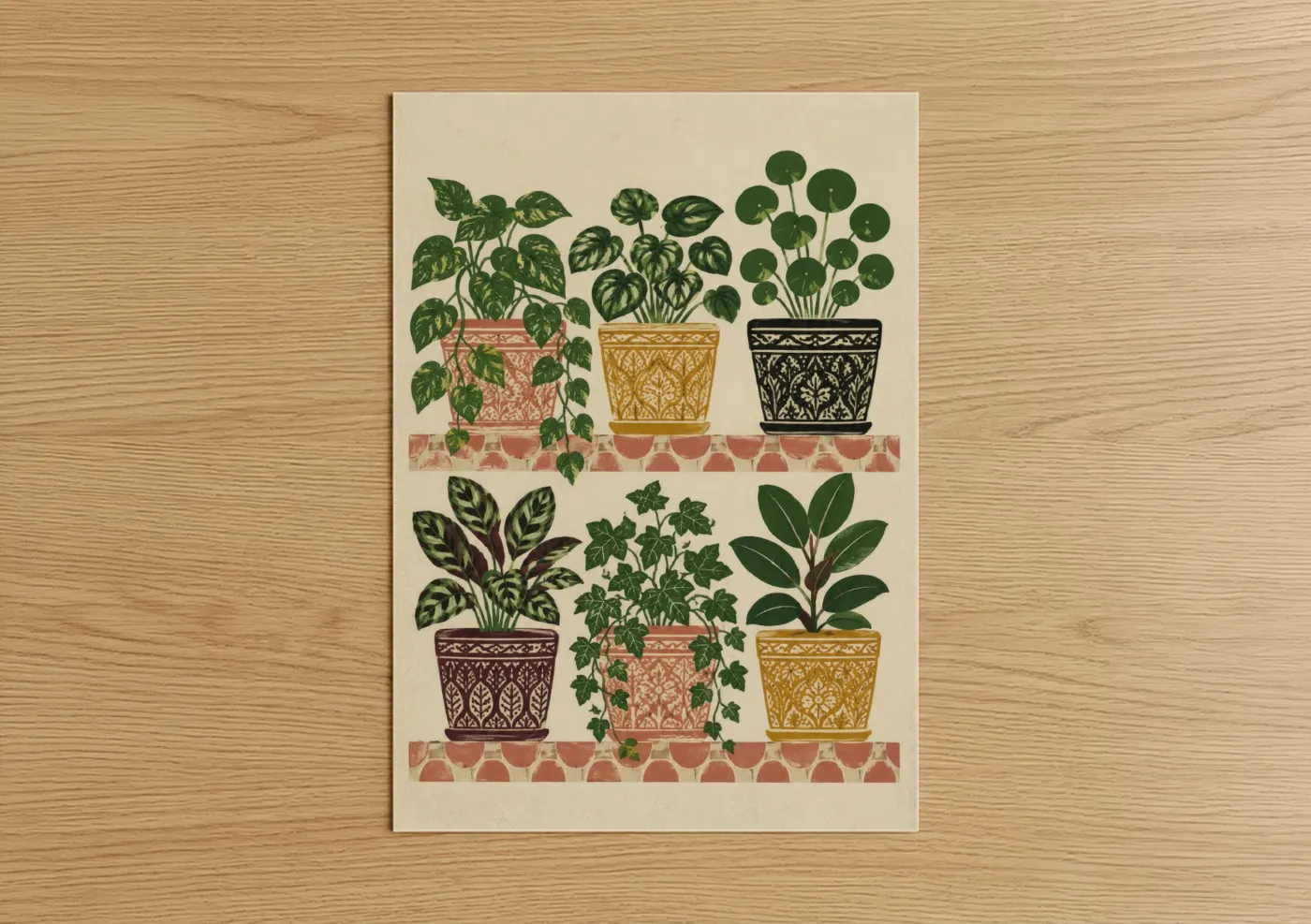 Art print on warm oak wood — green and beige palette — Potted Indoor Plants Wall Art poster