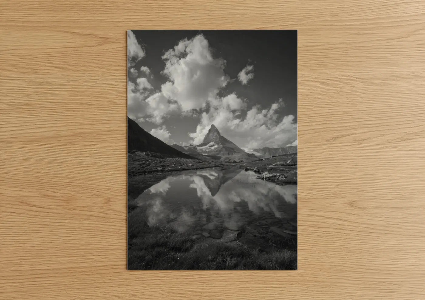 Alps art print on warm oak wood — black and white and gray palette — Alpine Peak Reflection poster
