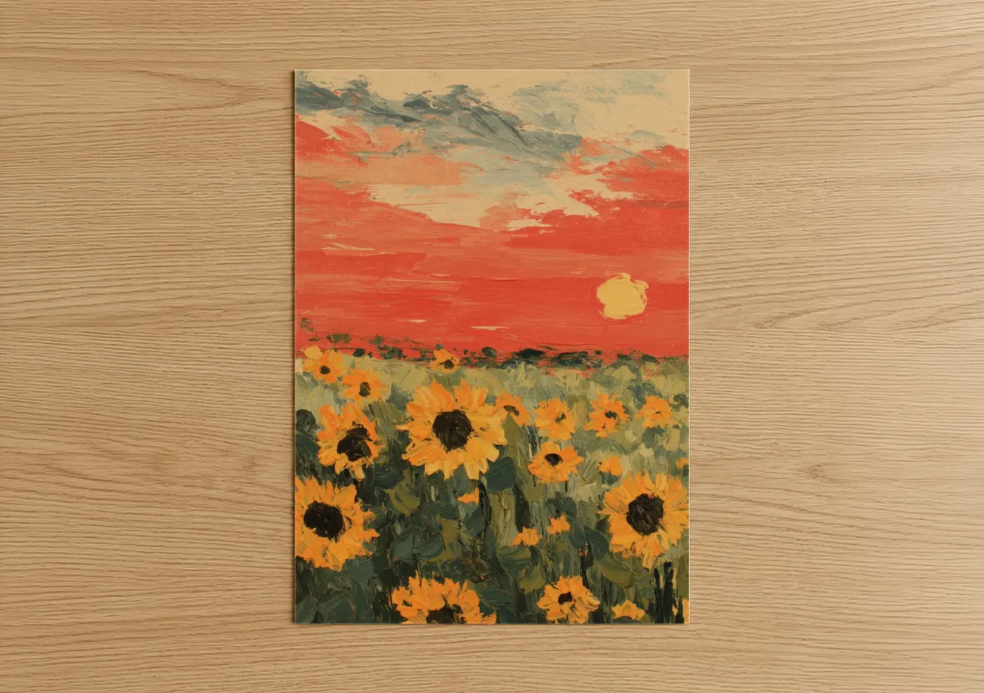 Art print on warm oak wood — gold and red palette — Sunflower Sunrise poster