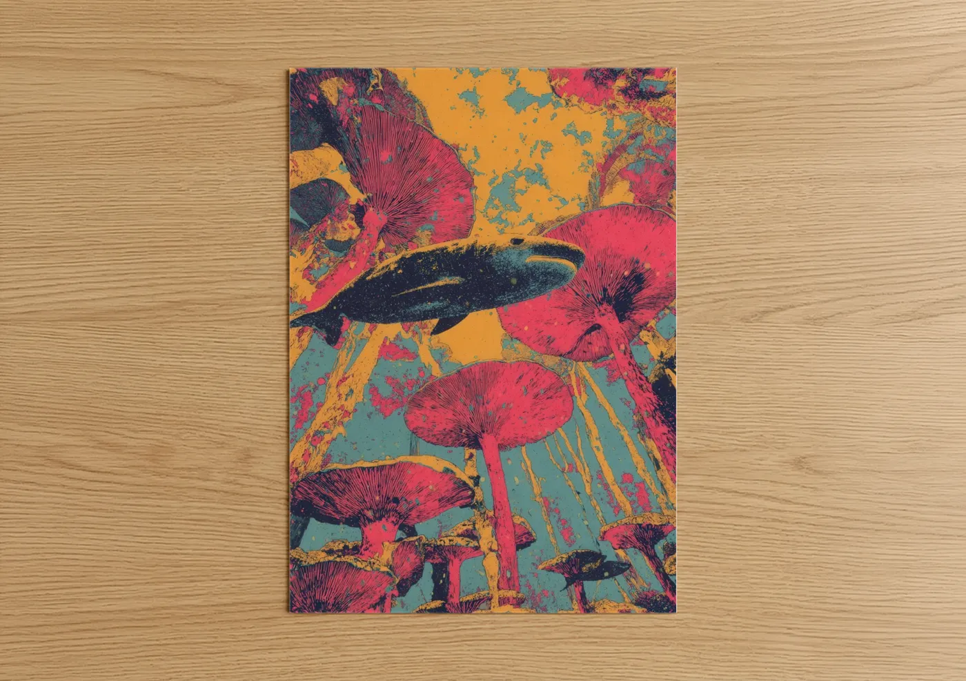 Art print on warm oak wood — magenta and gold palette — Vibrant Wahoo poster