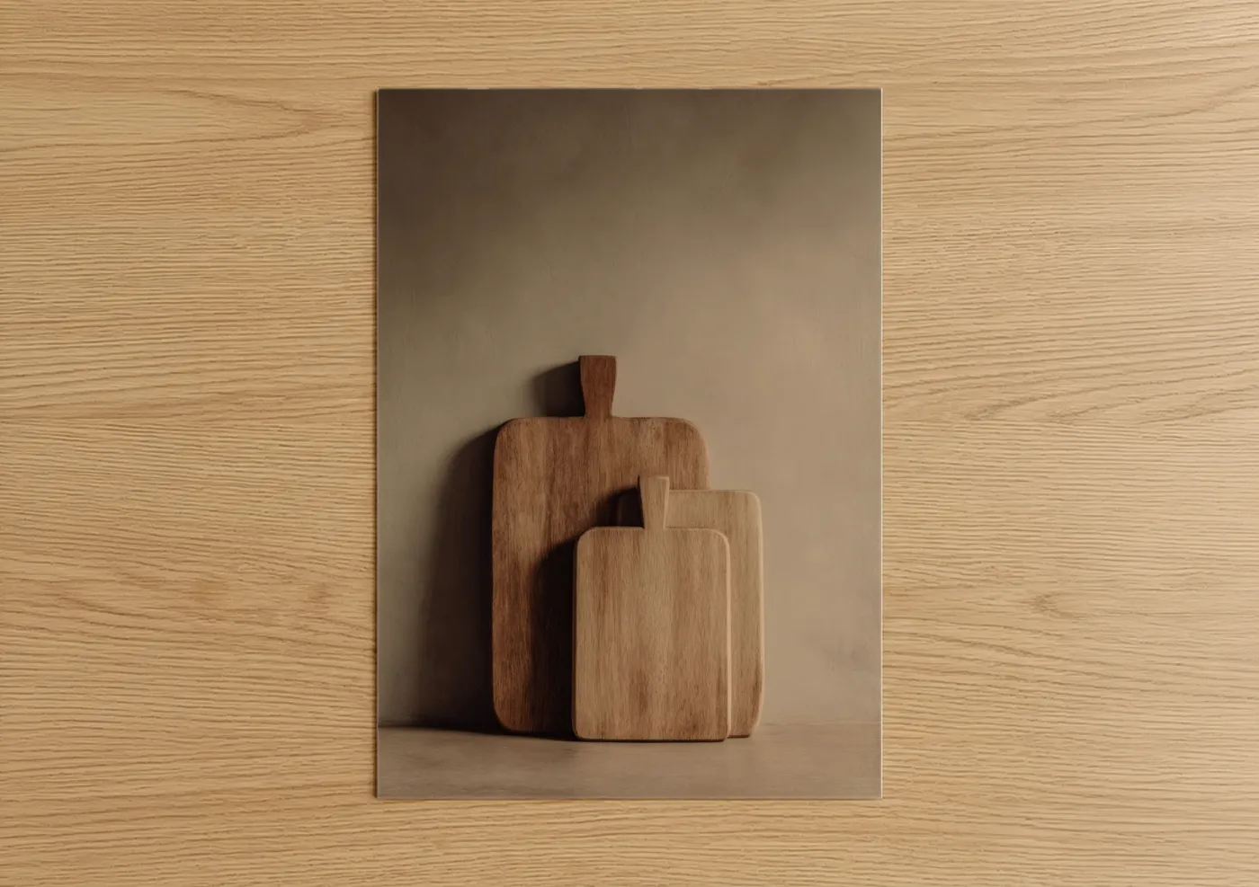 Kitchen utensils art print on warm oak wood — beige and brown palette — Wooden Cutting Boards poster