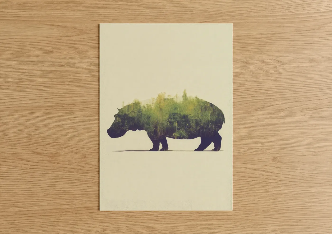Art print on warm oak wood — cream and dark green palette — Forest Hippo poster