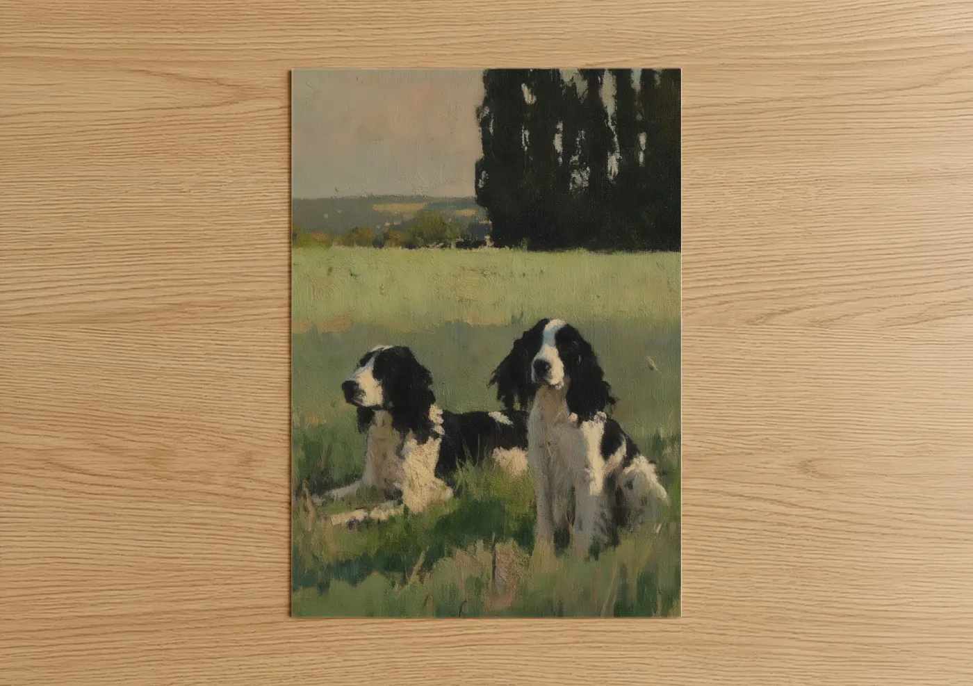 Art print on warm oak wood — cream and olive palette — Pastoral Spaniel Pair poster