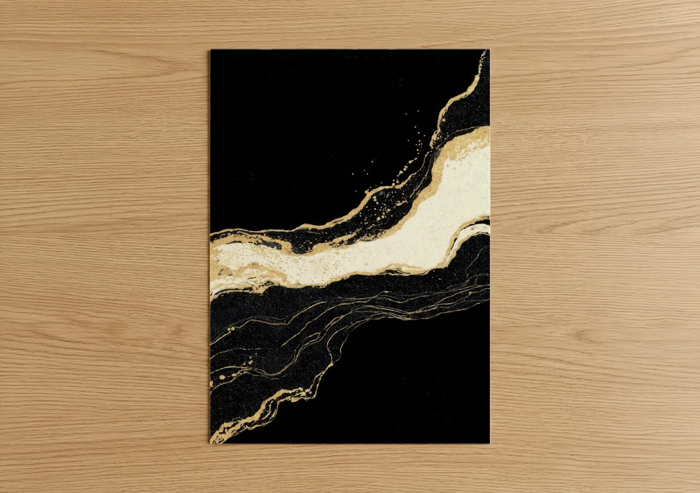 Classical art print on warm oak wood — black and gold and cream palette — Golden Marble Flow poster