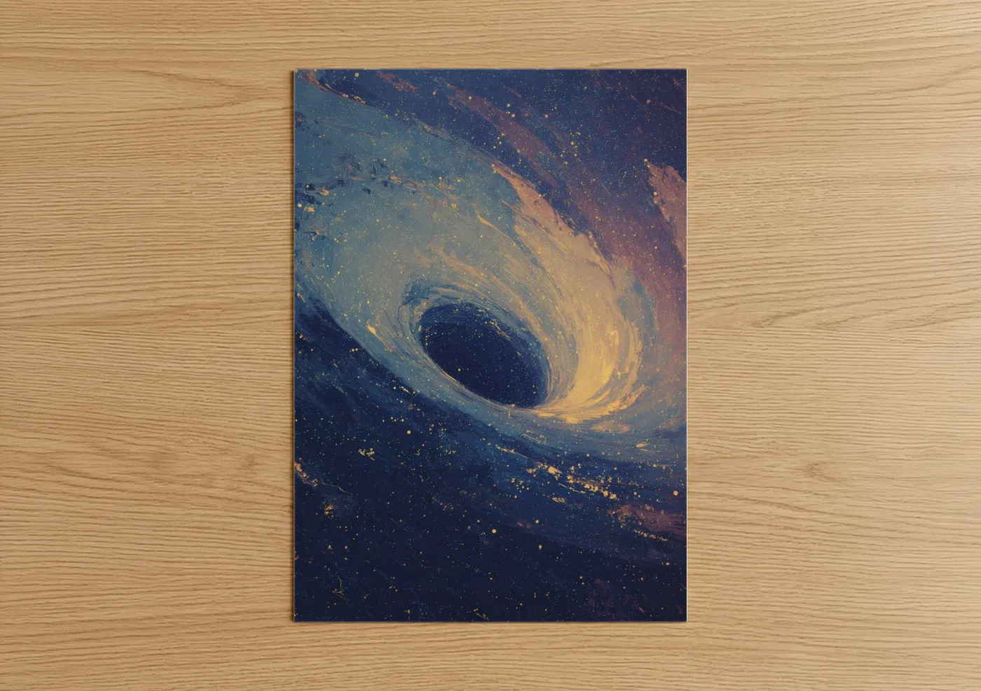 Galaxy art print on warm oak wood — dark blue and gold palette — Cosmic Vortex poster