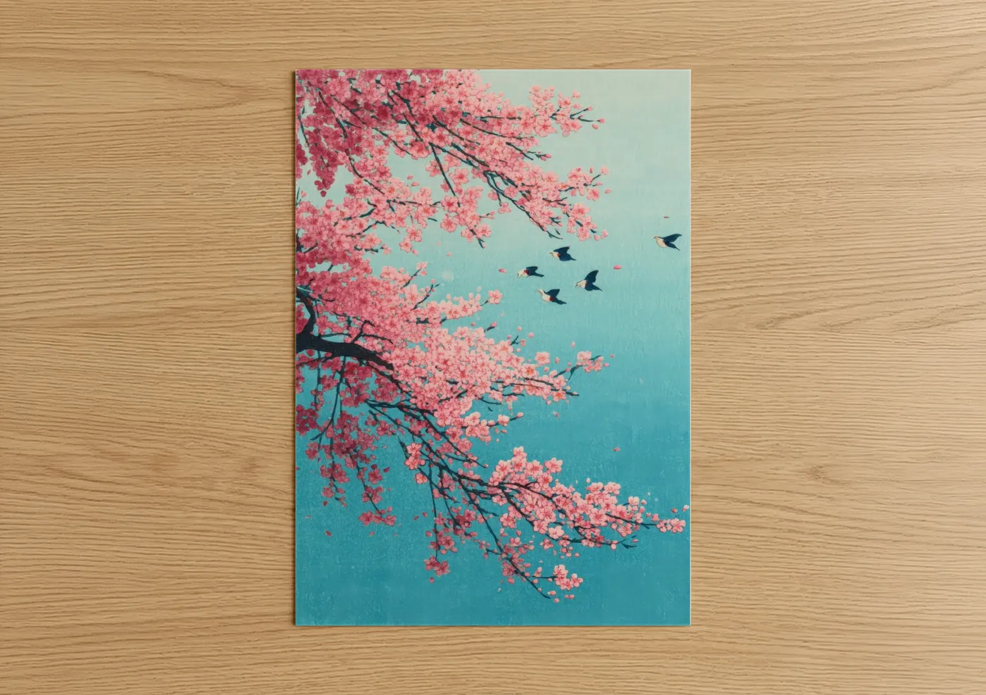 Cherry Blossom Birds Turquoise Sky Wall Art