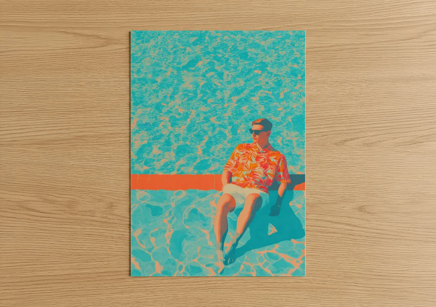 Men's fashion art print on warm oak wood — turquoise and orange palette — Poolside Vacationer poster