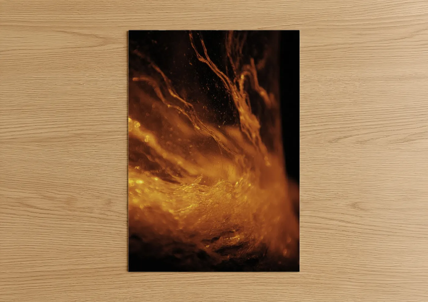 Glassworking art print on warm oak wood — gold and black palette — Molten Gold Flow poster
