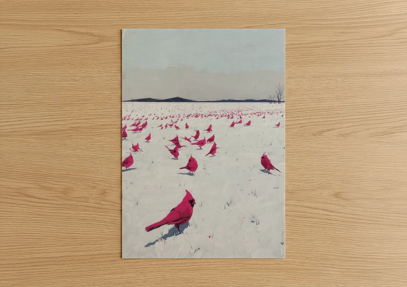 Art print on warm oak wood — magenta and white palette — Snowy Cardinal Gathering poster