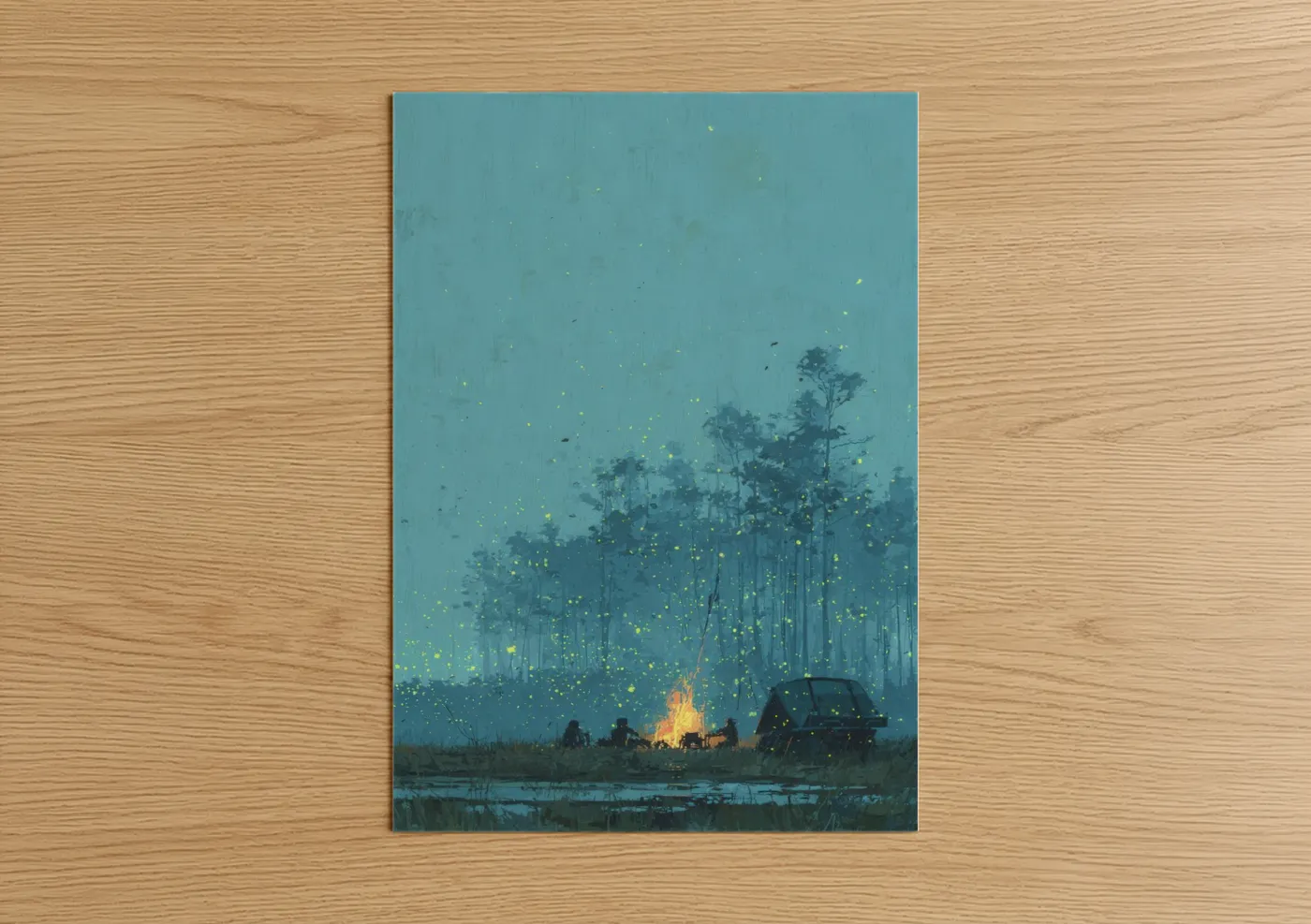 Fireflies art print on warm oak wood — blue and yellow and teal palette — Firefly Gathering poster