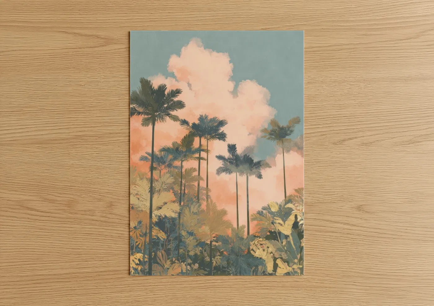 Palm forest art print on warm oak wood — peach and blue palette — Tropical Sunset Palms poster