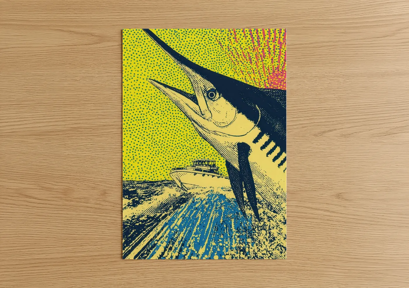 Art print on warm oak wood — yellow gold and black and blue palette — Marlin Sportfisher poster