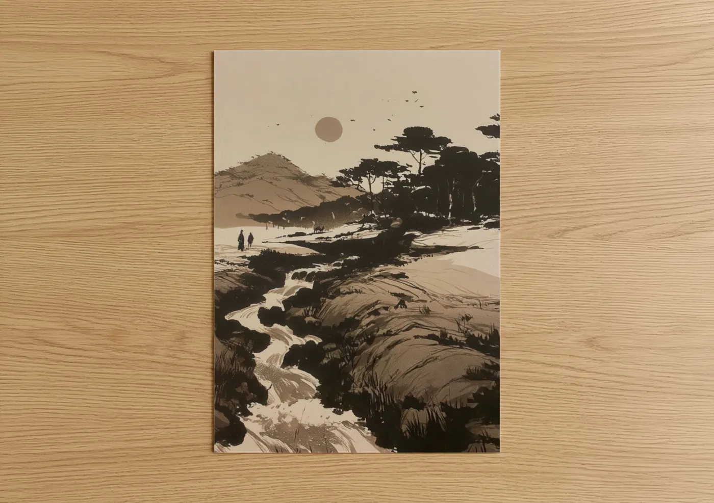 Various landscapes art print on warm oak wood — beige and black and white palette — Coastal Driftwood poster