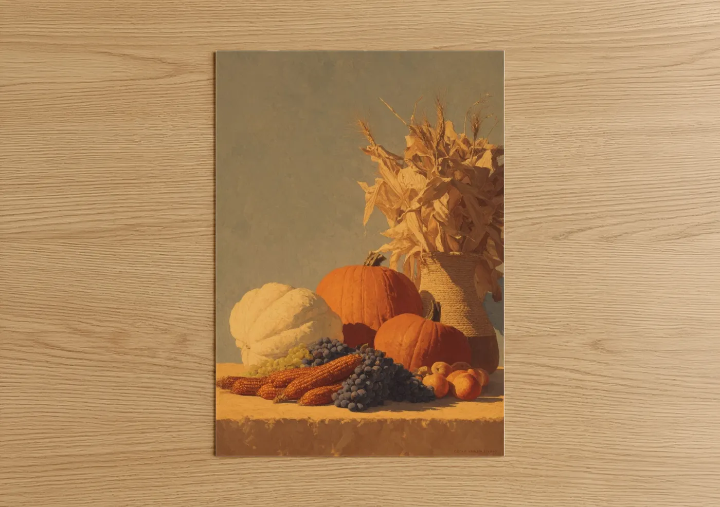 Kwanzaa art print on warm oak wood — gold and orange palette — Autumn Harvest Arrangement poster