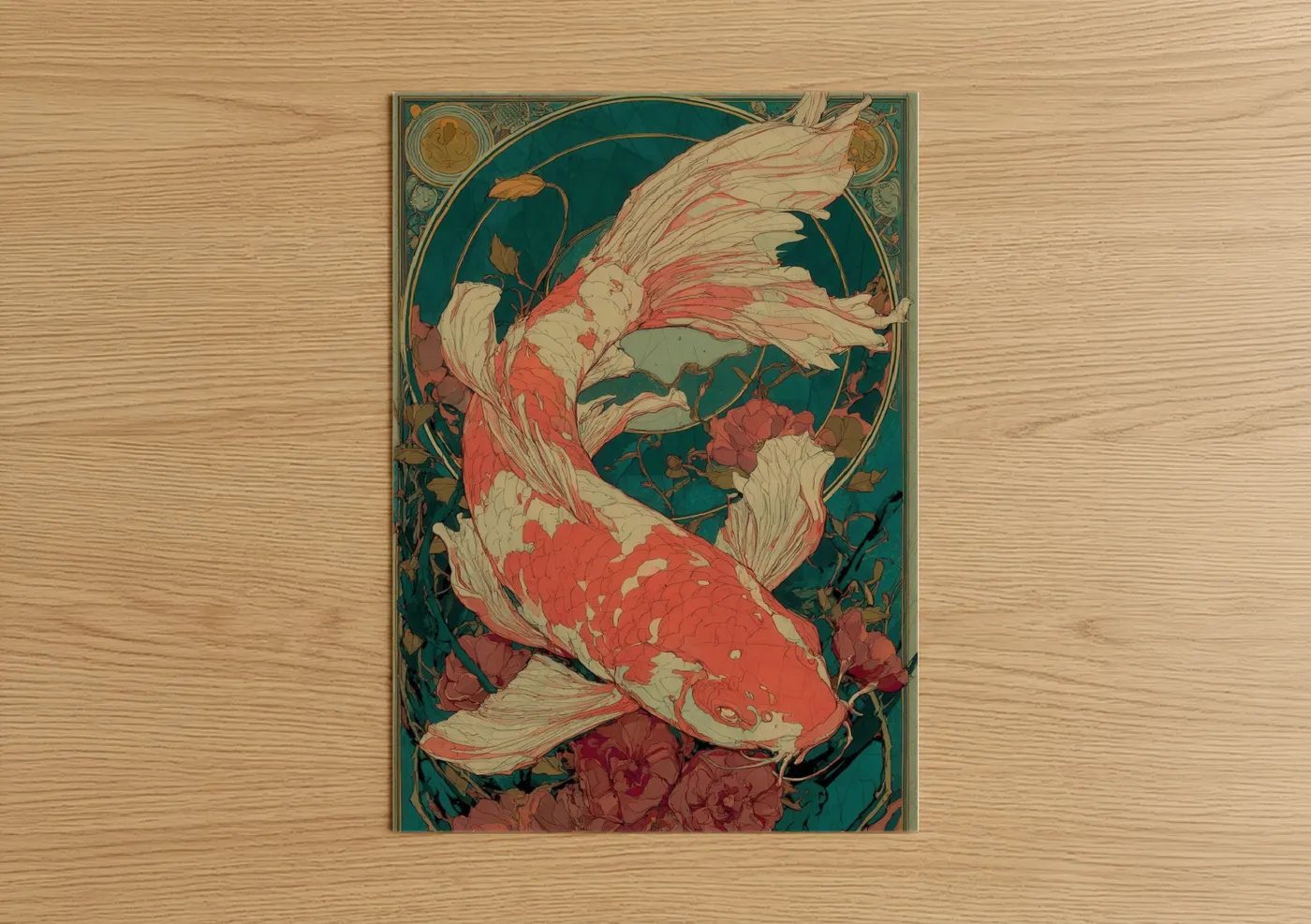 Crimson Koi Fish Art Deco Illustration Wall Art