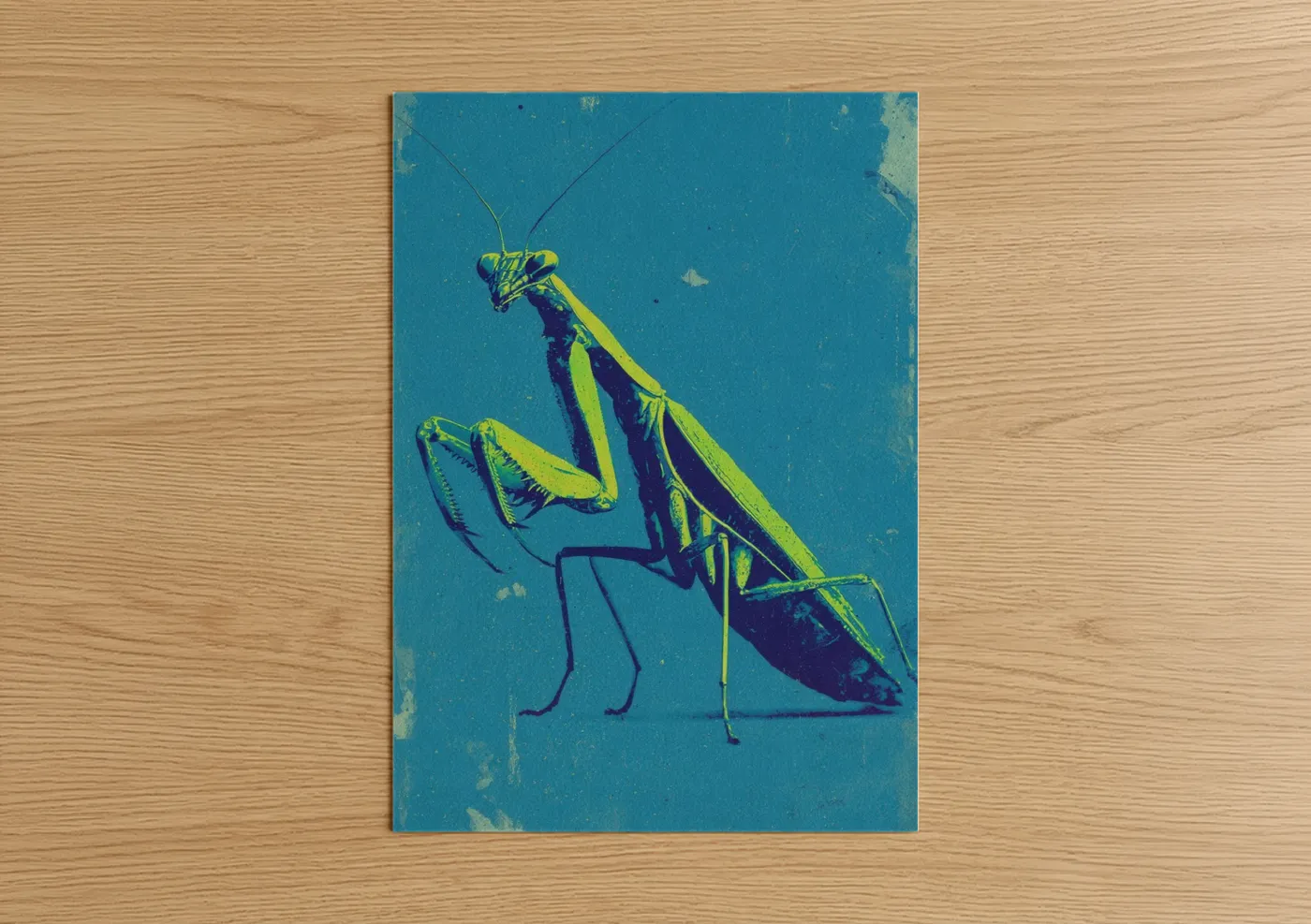 Prayin mantis art print on warm oak wood — blue and yellow gold palette — Neon Mantis poster