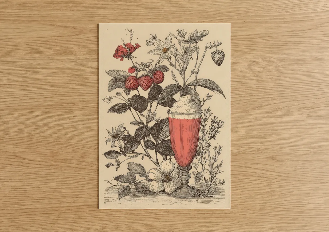 Strawberry Milkshake Botanical Illustration Wall Art