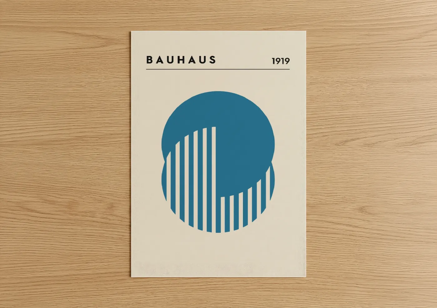 Abstract geometric art print on warm oak wood — blue and cream palette — Bauhaus Geometry poster