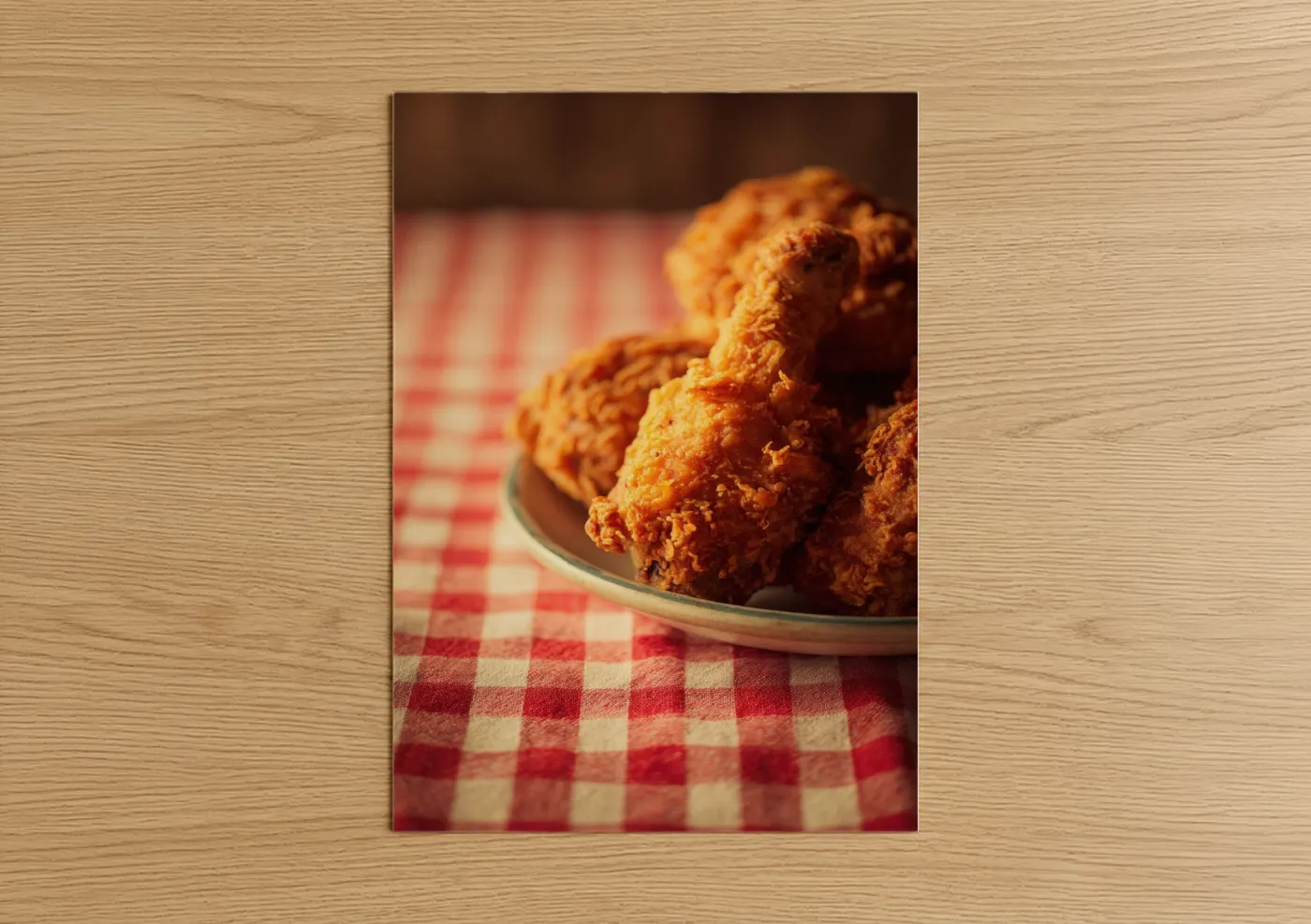 Poultry art print on warm oak wood — gold and red palette — Crispy Fried Chicken poster