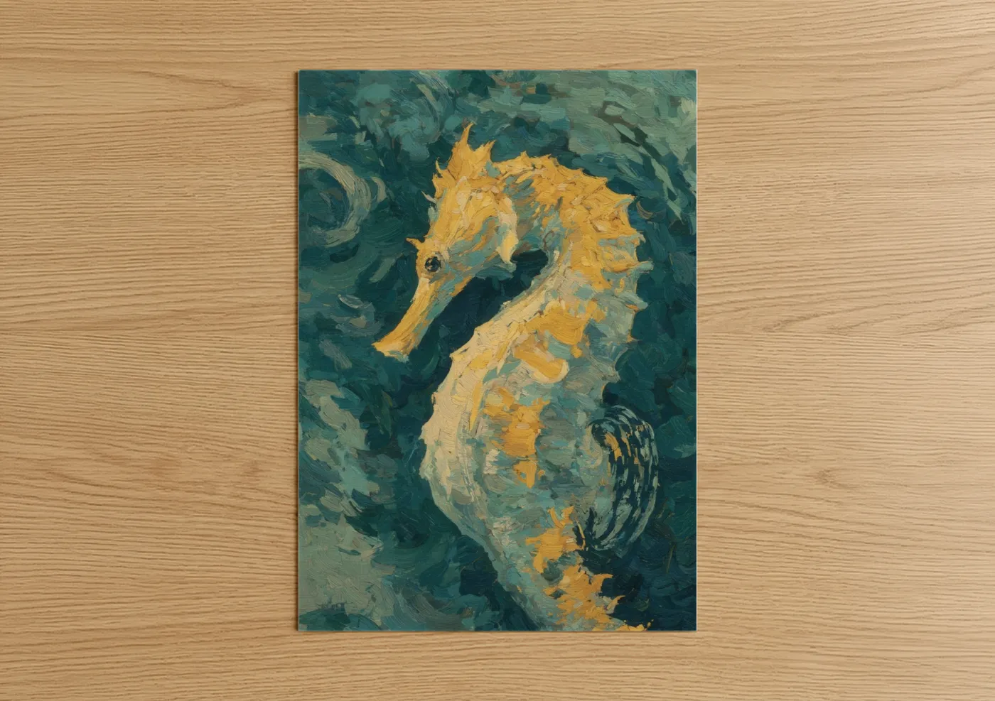 Sea horse art print on warm oak wood — teal and gold palette — Golden Seahorse poster