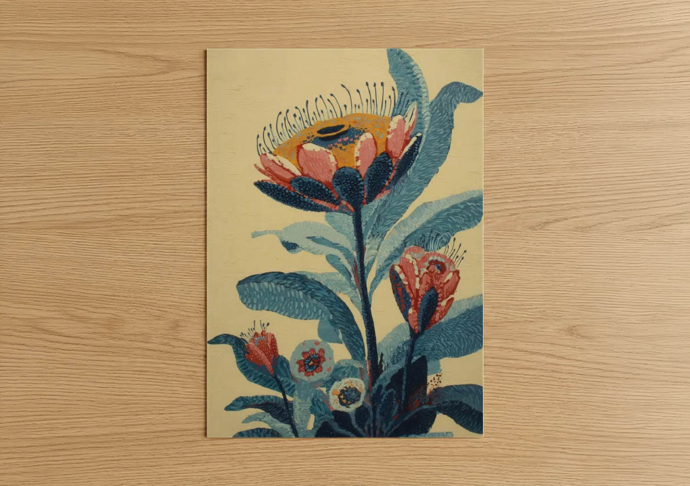 Sea anemone art print on warm oak wood — cream and teal palette — Coral Anemone Bloom poster