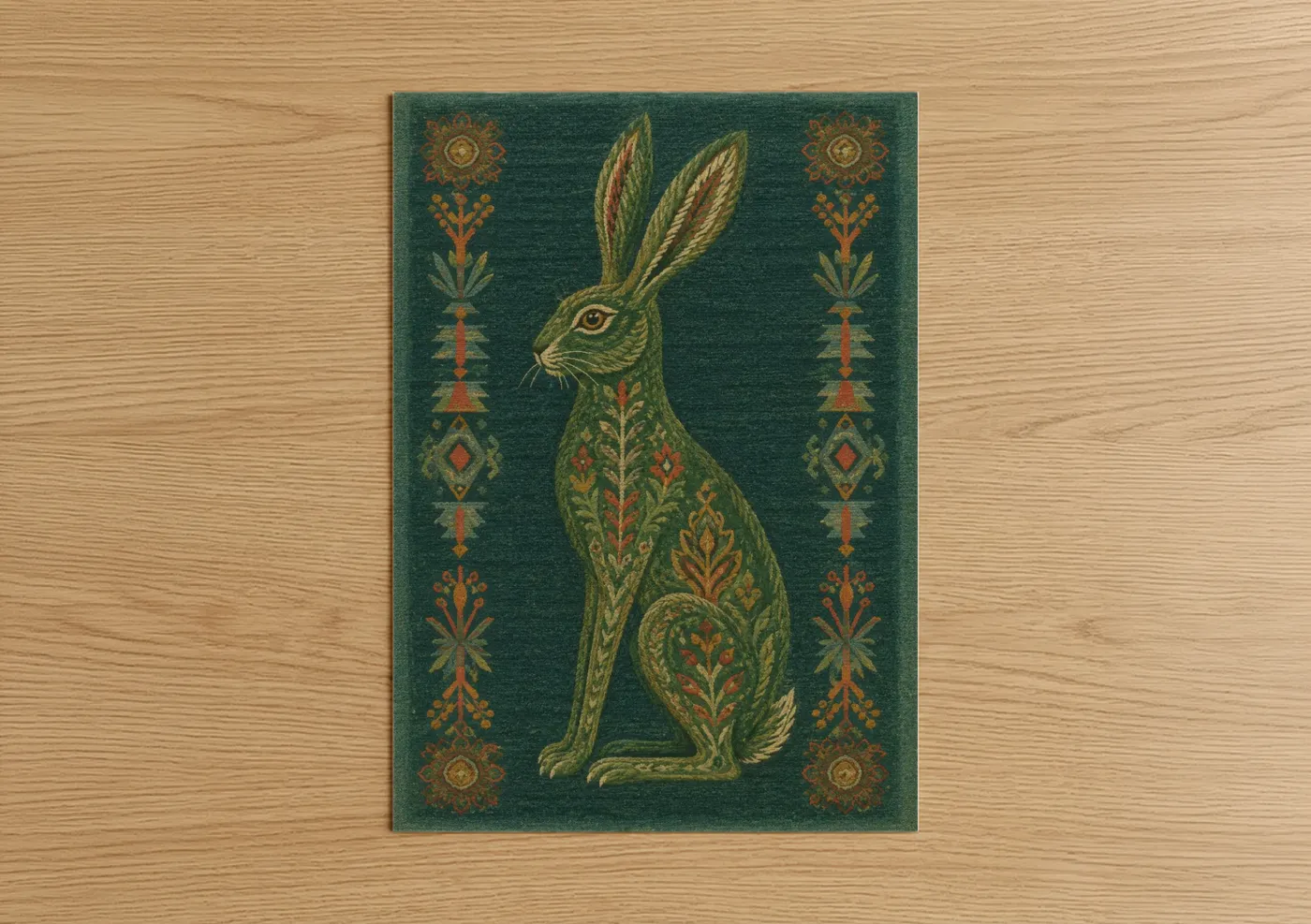 Rabbit art print on warm oak wood — true green and gold palette — Decorative Hare with Folk Motifs Wall Art poster