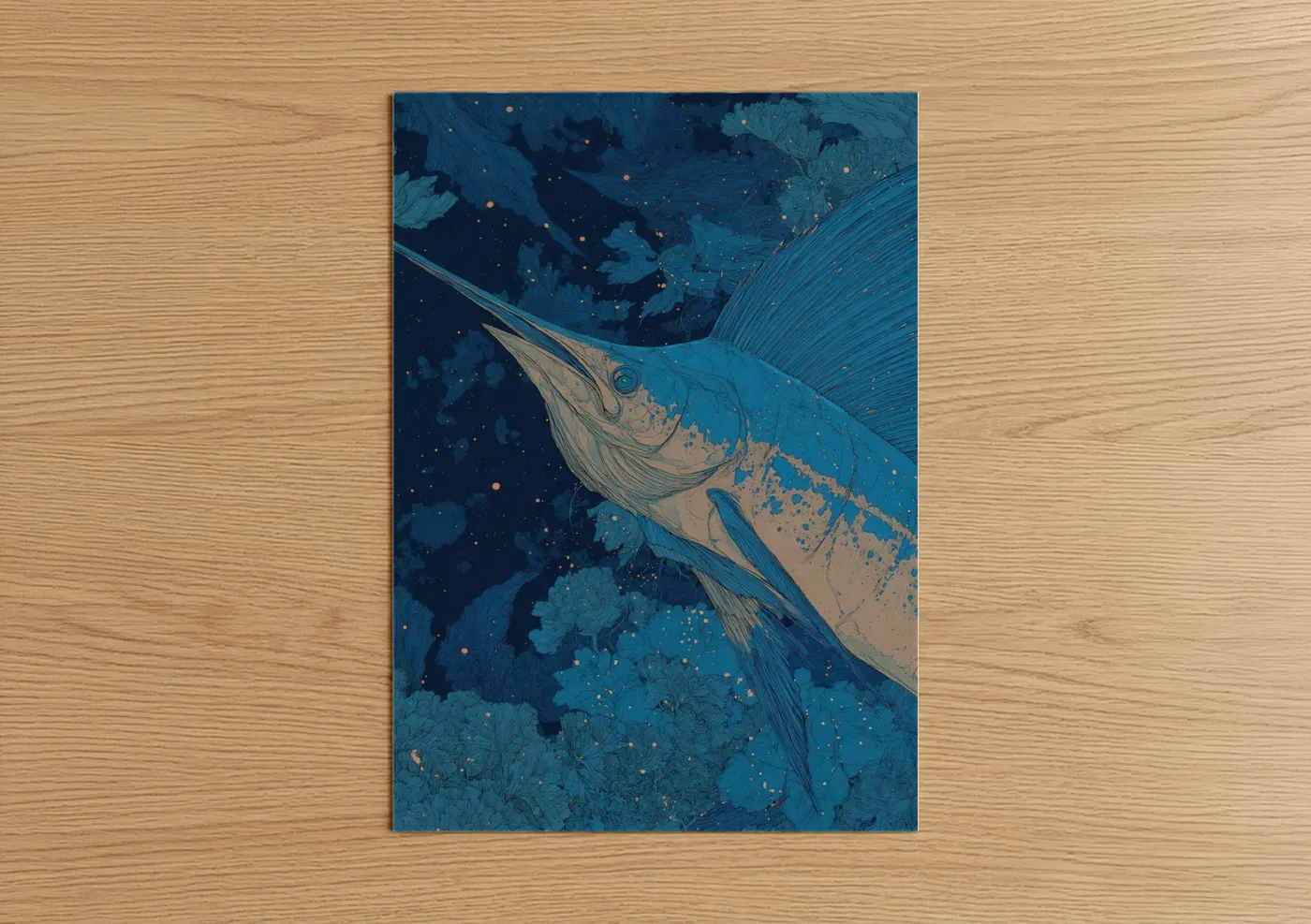 Art print on warm oak wood — blue and gold palette — Sailfish Ascent poster