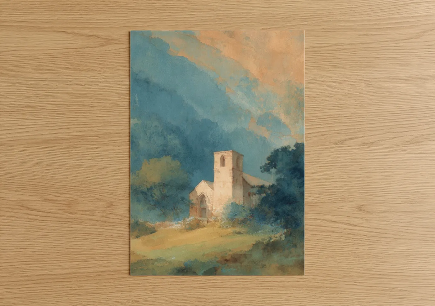 Misty Mountain Chapel Watercolor Wall Art